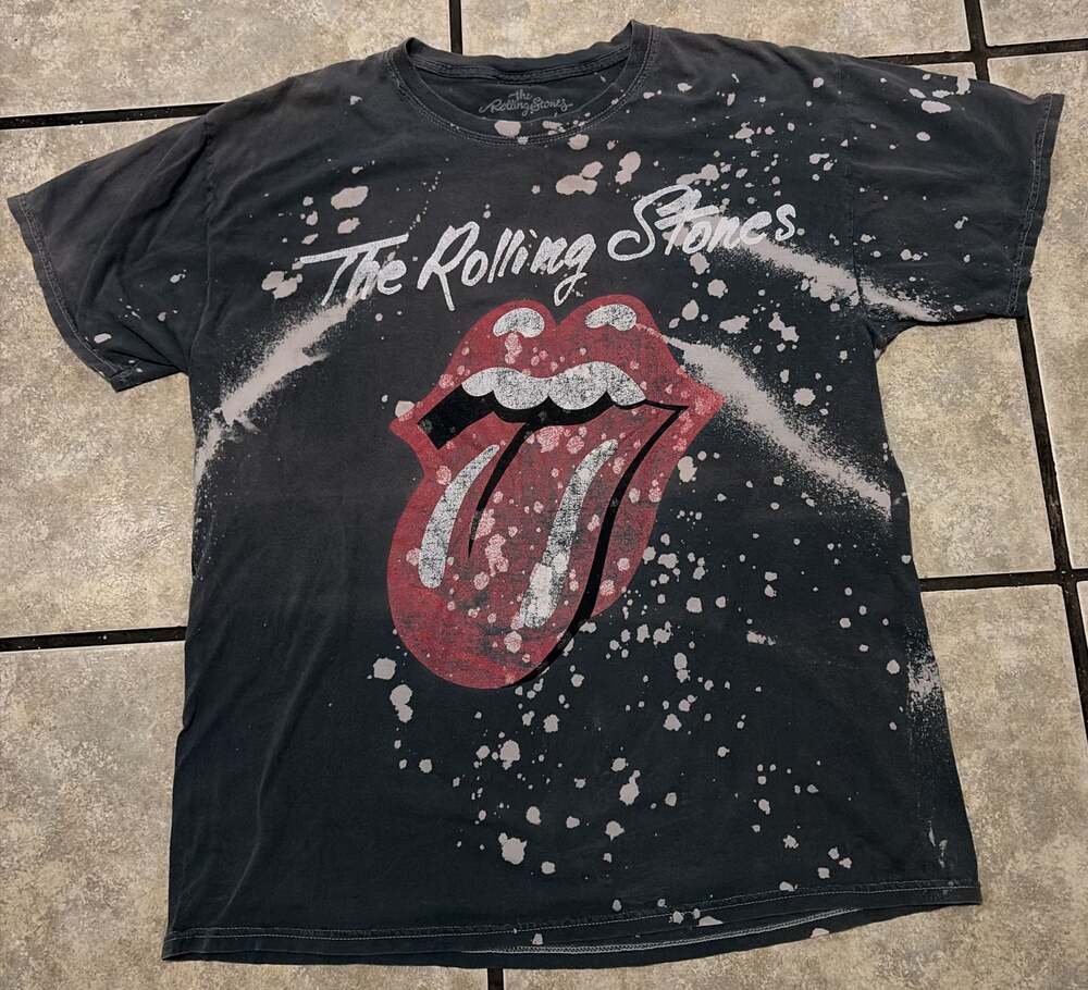 The Rolling Stones Bleach Splatter Tongue Logo Graphic T-Shirt Medium Gray